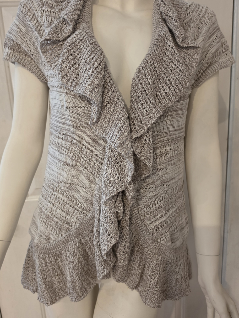 Macy's Sand Marled Knit Short-Sleeve Button Front Cardigan